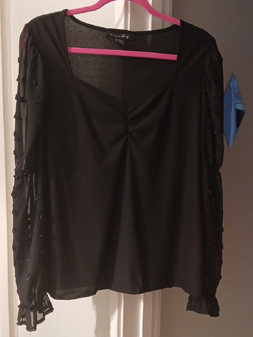 Chiffon Beaded Long-Sleeve Blouse - Black